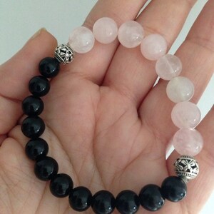 Rozenkwarts armband met zwarte onyx, stenen armband, liefdesarmband, aardingsarmband, zwarte onyx armband (B015)