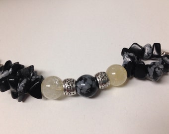 KEYCHAIN (KC015) Citrine & Snowflake Obsidian stone keychain, good luck, prosperity, zipper pull, stone gift, unique gift