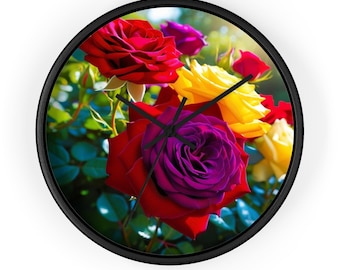 Horloge murale florale de roses - Décoration d'intérieur rouge, jaune et violet