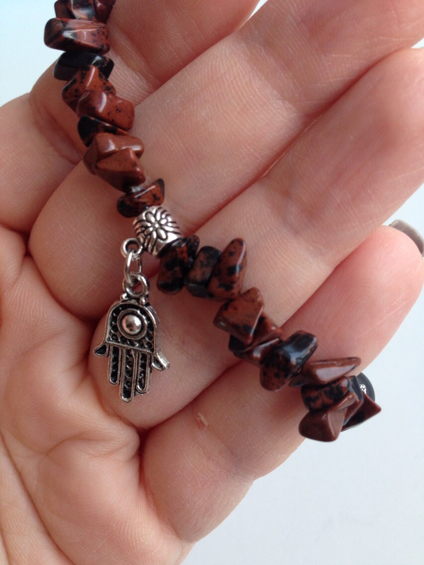 BRACELET B088 Mahogany obsidian black onyx and Hamsa charm Etsy