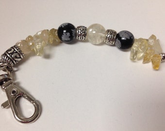KEYCHAIN (KC014) Citrine & Snowflake Obsidian keychain, good luck amulet, prosperity stones, stone jewelry, purse jewelry