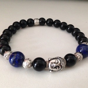 Buddha Bracelet (B163) with lapis lazuli and black onyx, mens bracelet, zen mala jewelry, protection, prosperity, stone jewelry