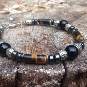 Pulseira masculina (B101) – Olho de tigre, ônix preto e hematita, pulseira de pedra, joias de pedra, joias mala