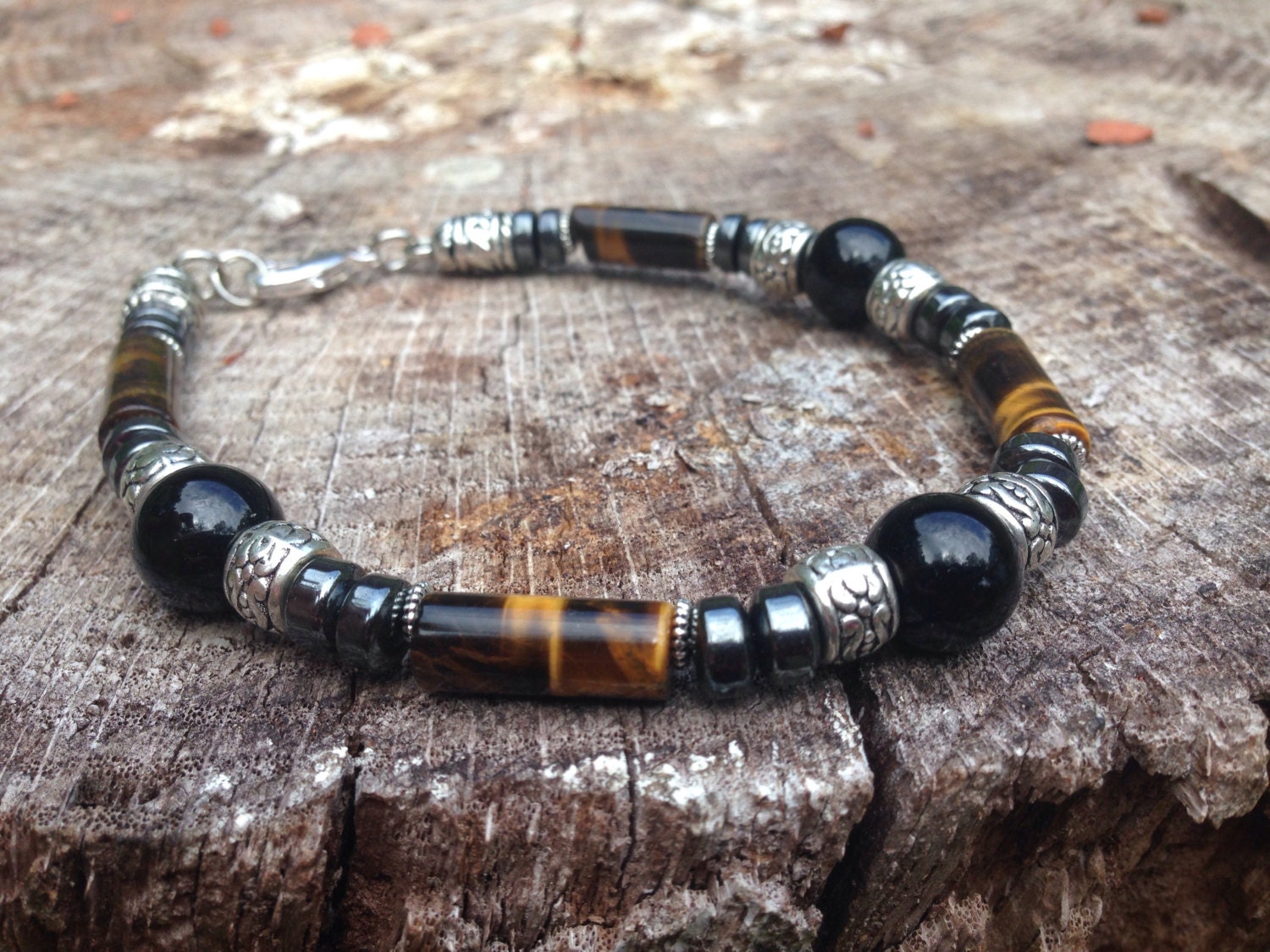 Men's Bracelet (B101) - Tigers eye, black onyx and hematite, stone bracelet, stone jewelry, mala jewelry