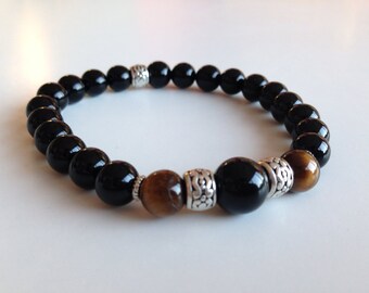 Bracelet en perles d'onyx noir et oeil de tigre, bijoux en pierre de protection
