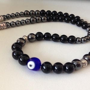 NECKLACE (N001) Evil eye necklace with black onyx and hematite, gift for him, men's necklace, blue evil eye bead
