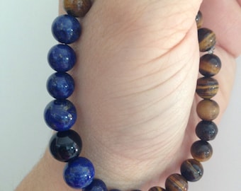 Bracelet homme oeil de tigre et lapis lazuli, bijoux en pierre perlée