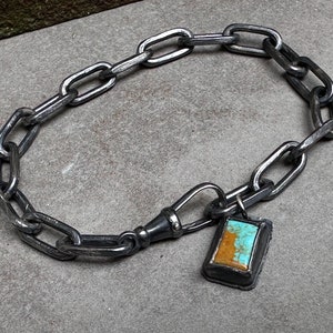 Handmade Number 8 Mine Turquoise Chain Link Sterling Silver Bracelet  , Unisex Brutalist Modernist Solid Silver Bracelet