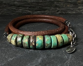 Arizona Turquoise & Sterling Silver on Vintage Tan Leather, 3 Wrap Bracelet