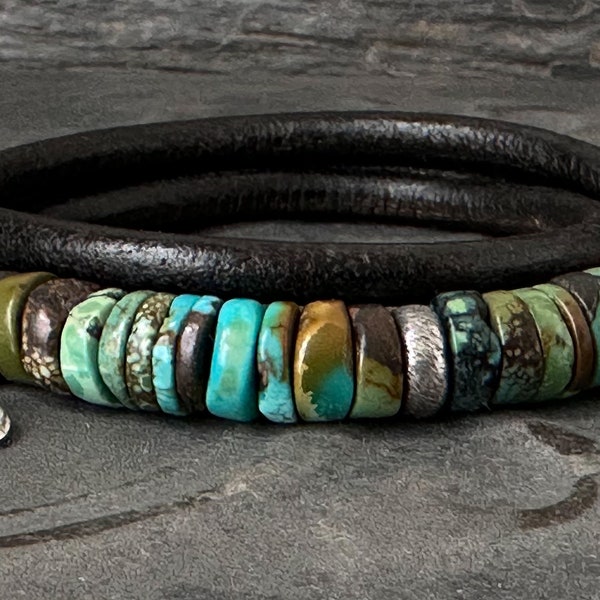 Turquoise Three Wrap Bracelet on Distressed Black Leather