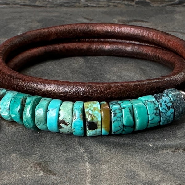 Turquoise Three Wrap Bracelet on Distressed Brown Leather
