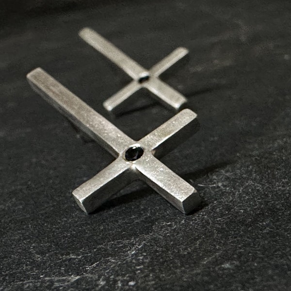 Hand Forged Inverted Cross Silver 925 & Black Spinel Stud Earrings, Unisex, Solid Silver, Minimalist Style