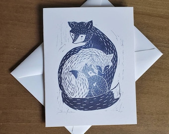 Fox Family 4 Card Pack, Original Linocut Reproduction, Fox Baby Shower Cards