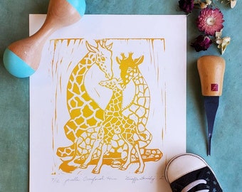 Giraffe Family Linocut Print, Giraffe Nursery Art, Giraffe Art, Giraffe Wall Art, Baby Giraffe Art, Mom and Baby Giraffe, Baby and Mommy