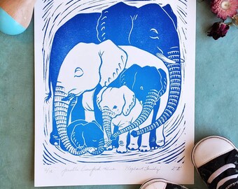 Elephant Family of 5 Linocut Print, Elephant Nursery Print, Mother's Day Gift, Mom and Baby Elephant