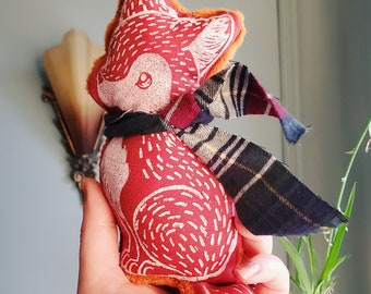 Block Printed Fox Plushie, Handmade Stuffed Animal Fox