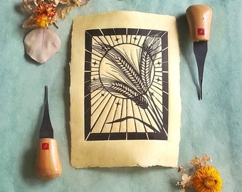 Hand Printed Linoleum Cut Sun and Wheat, Tarot Art, Tarot Alter Decore