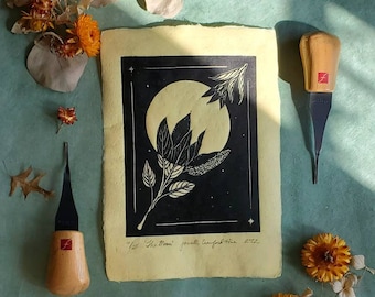 Hand Printed Linoleum Sage Moon, Tarot Art, Tarot Alter Decore