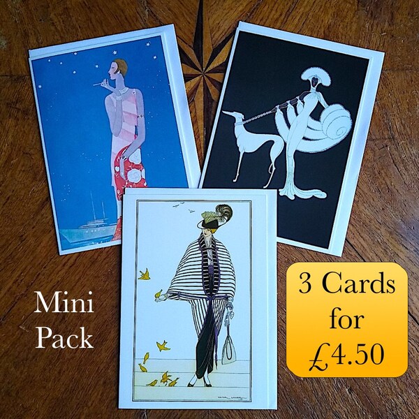 Art Deco 3 Card Mini Pack.  Classic Vintage Fashion Illustrations Greeting Cards Erte Barbier Victor L Huer 1920s