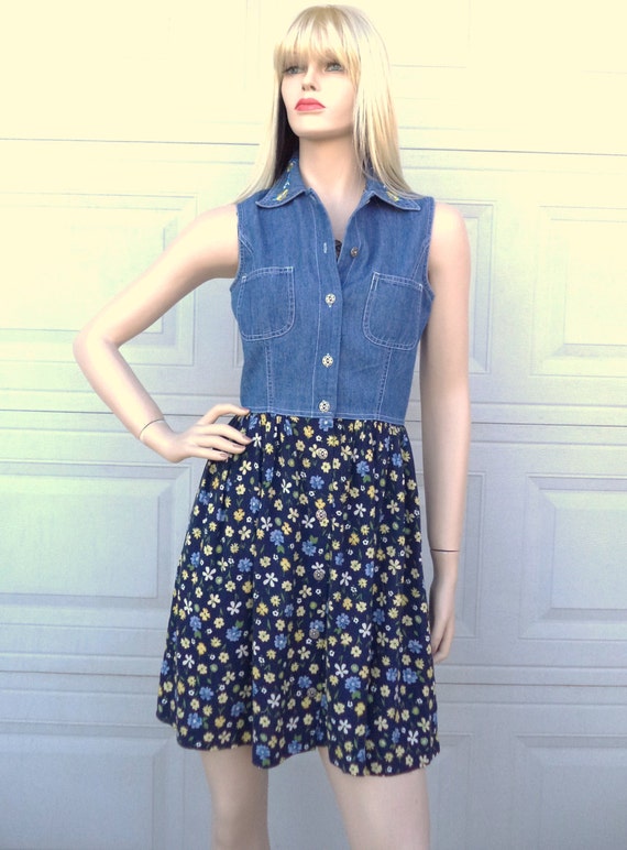 Vtg 90's Denim & Flower Print Sun Dress Sz Small - image 1