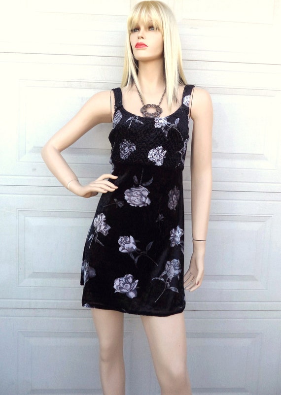 Vtg 90's Velvety Black Baby Doll Mini Dress with … - image 1