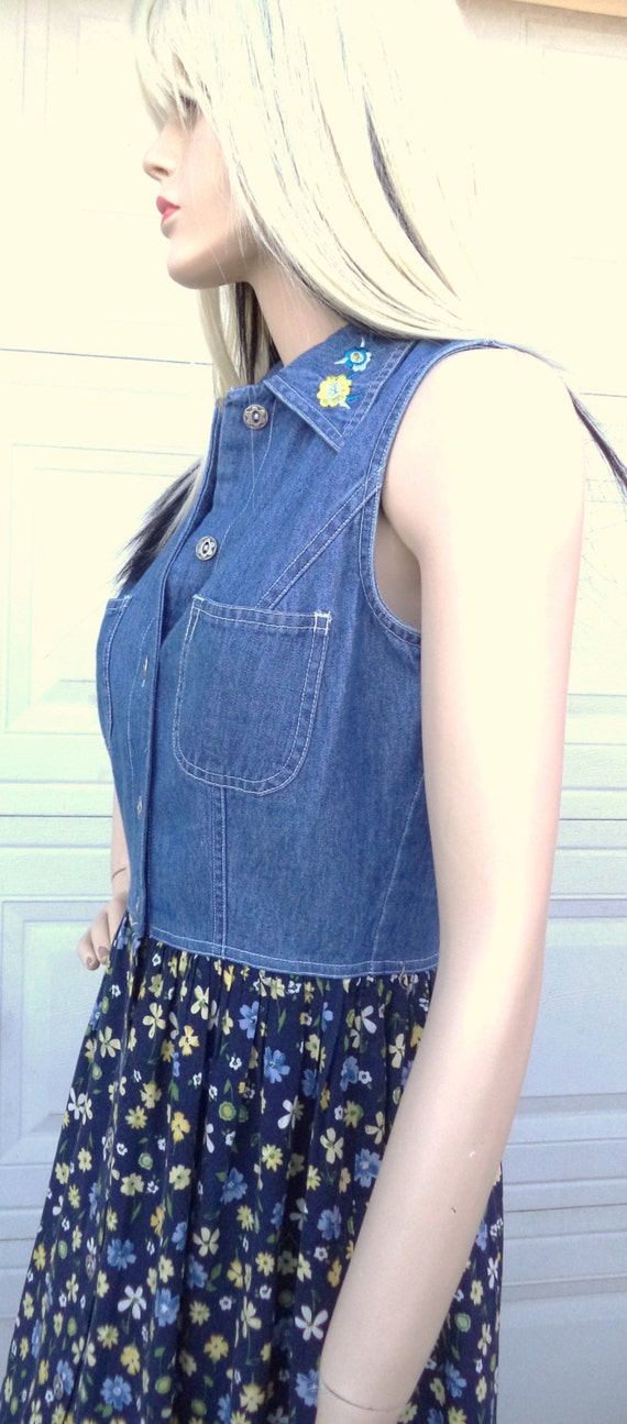 Vtg 90's Denim & Flower Print Sun Dress Sz Small - image 4