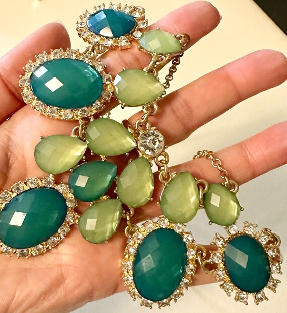 Vintage Rhinestone Bib Necklace, Teal Blue Jade G… - image 2