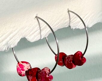 Red Jasper Heart Hoop Earrings | Stainless Steel Boho Jewelry