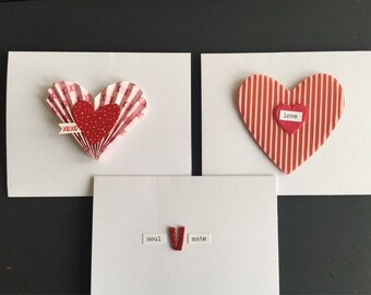 3 Card Set. 4x6 Mixed Media Paper Hearts. Love / Anniversary / Valentine / Soul Mate Card. Envelope Included.