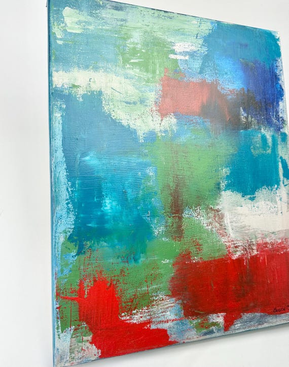 Original Abstract Painting: Red, Blue, Green Modern Art (16x20 Stretched Canvas)