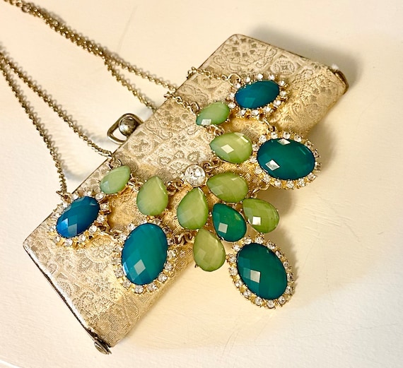 Vintage Rhinestone Bib Necklace, Teal Blue Jade G… - image 1