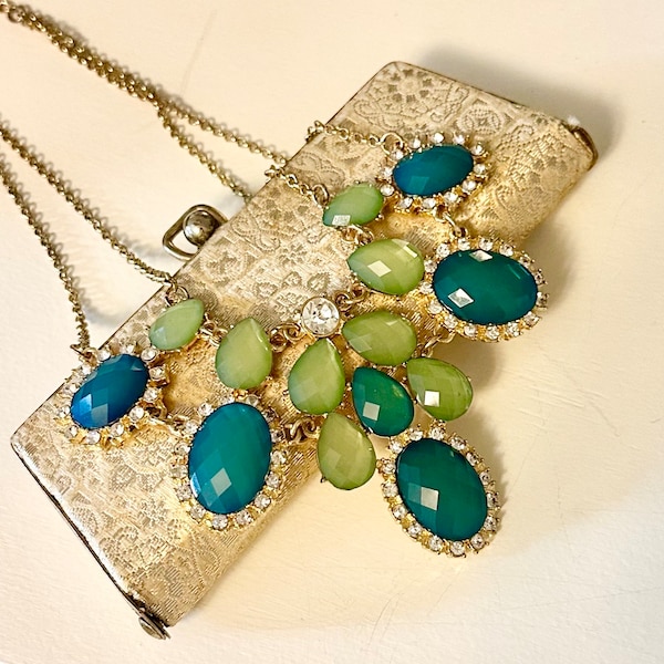Vintage Rhinestone Lucite Bib Statement Necklace. Faux Diamond, Teal Blue, Jade Green Gems. Cocktail Bridal Glam Jewelry.
