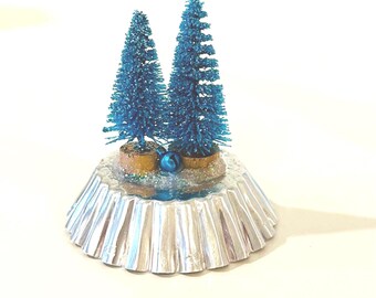 Collectible Bottle Brush Christmas Trees. Altered Tins. Luxe Blue / Turquoise Ornament. Shabby Tier Tray Decor