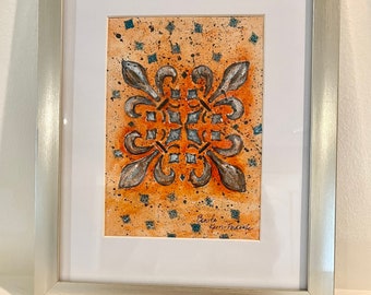 Original Fleur De Lis Mixed Media. 5x7 Painting. Acrylic, Ink, Watercolor. Tangerine, Grey, Blue. Derby Pop Art