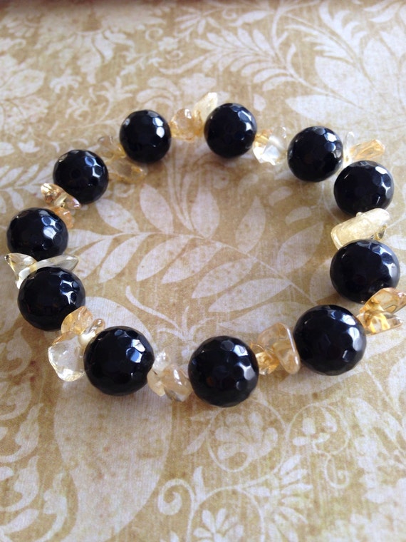 Hand Beaded Onyx & Citrine Stone Bead Bracelet – Elegant Gemstone Jewelry