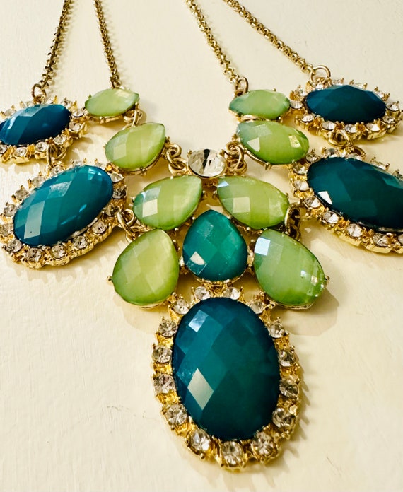 Vintage Rhinestone Bib Necklace, Teal Blue Jade G… - image 3