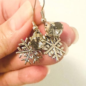 Silver Snowflake Earrings, Jeweled Glass Bead Dangles, Christmas Winter Jewelry Gift for Her