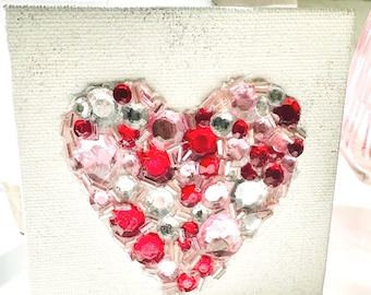 Jeweled Heart Canvas Art, Valentine's Day Mixed Media Collage (4x4)