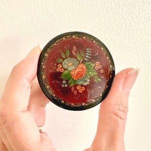 Vintage Hand Painted Wooden Brooch. Floral Theme Round Disk Pin. Russian made Hand Signed. Folk Artisan Jewelry