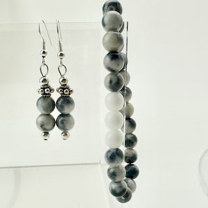 Marbled Black, White, Grey Bracelet - 8mm Gemstone Beads with Healing Mountain Jade & Dolomite - Unique Gift for Her