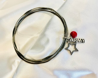 Army Charm Bangles. 3 Bracelet Set. Silver Pewter Stone Charms. Antique Silver, Brass Hammered Bangles.  Army Mom Gift