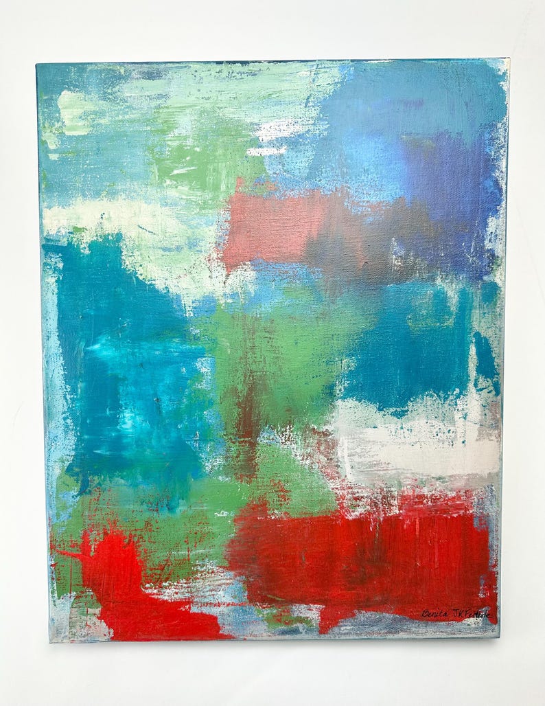 May include: An abstract painting on canvas featuring layered brushstrokes of vibrant red, deep blue, bright turquoise, and forest green. The composition includes patches of white and light blue, with the artist's signature visible in the bottom right corner.