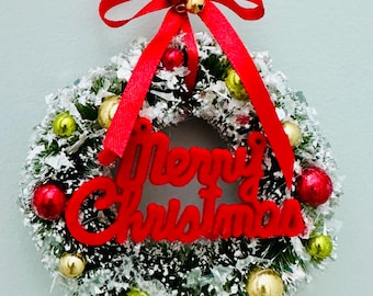 Vintage Bottle Brush Christmas Wreath Ornament: Merry Christmas, Beads & Red Ribbon Bow