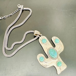 Cactus Silver Turquoise Pendant. 3 Inch Statement Chunky Piece. Faux Turquoise Southwest Focal. Sundance Style Necklace.