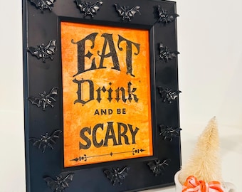 Eat Drink & Be Scary Halloween Art, Decoupage Paper Collage (5x7)