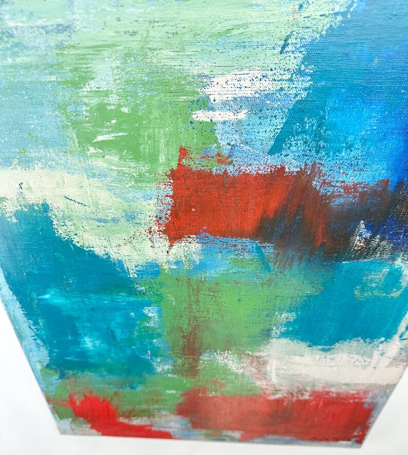 May include: An abstract painting on canvas featuring layered brushstrokes in shades of bright blue, teal, and light green, contrasted by bold, horizontal patches of deep red and dark brown, with visible texture from the paint application on the surface.