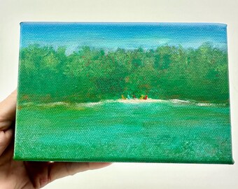 Lake Acrylic Painting, Original Impressionist Landscape Art, 6x8 Block Canvas