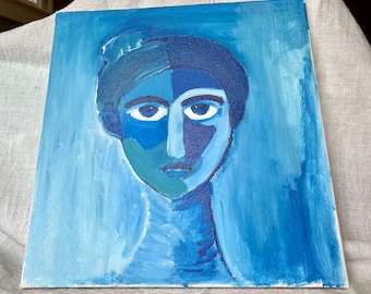 Abstract Female Portrait Painting: Blue Acrylic Art, 10x10 Canvas