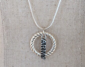 Sterling Silver Army Necklace, Infinity Hoop Charm, Military Gift