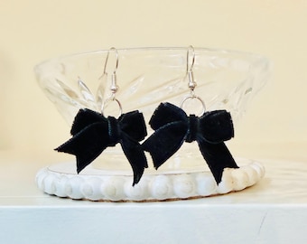 Black Velvet Bow Earrings. Sterling Silver Special Event / Bridal Dangles